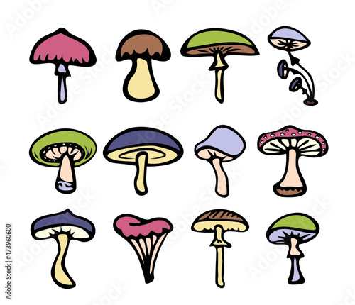 A set of mushrooms. Vector image. Set of colored mushrooms in doodle style, edible and inedible mushrooms. Template for creating compositions, printing patterns.