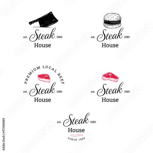 Steak house hand drawn logo set. Vector Doodle collection of steak.