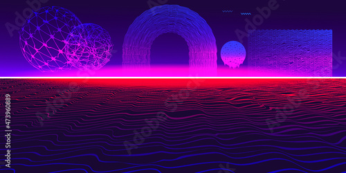 Retro futuristic background . Retro wave poster .Vector design composition with various geometric shapes . Abstract contemporary art . Digital cyber landscape . New modernism .
