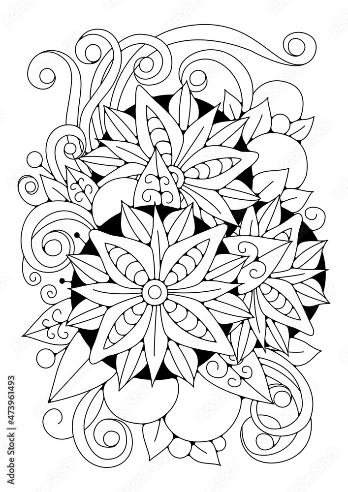 Coloring page with large flower and buds. Vector black and white ...