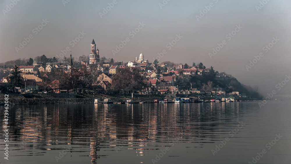 Serbia - View of the Gardoš, hill in Zemun placed on the banks of the Danube, at a misty winter day