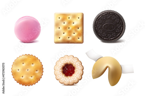 3d realistic vector collection of types of cookes. Crackers, macaroons, linzar cookie, fortune cookie, oreo. Isolated on white background. Front view.