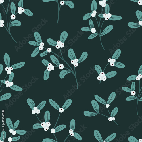 Mistletoe, viscum branches with oblong leaves and berries vector seamless pattern. Christmas, New Year holiday winter floral background for greeting cards, wallpapers, gift paper, web page.