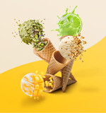 3d illustration. Ice cream cones with with four Types of Chocolate different. various flavors, with lime, walnuts, pistachios and mango flavors.psd