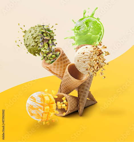 3d illustration. Ice cream cones with with four Types of Chocolate different. various flavors, with lime, walnuts, pistachios and mango flavors.psd photo