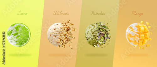 3d illustration. Scoops of ice cream with four Types of Chocolate different. various flavors, with lime, walnuts, pistachios and mango