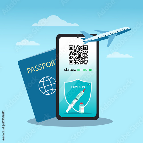 QR code in a mobile phone, vaccination against COVID-19. The concept of traveling by plane during a pandemic. Vector.