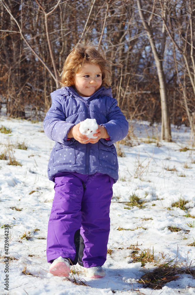 Portrait of Sweet Little Kid Playing with Snow Outdoor Portrait of Sweet Little Kid Playing with Snow Outdoor