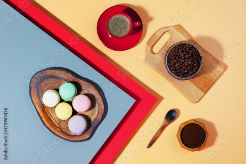 Coffee with dessert on a bright colored background 
