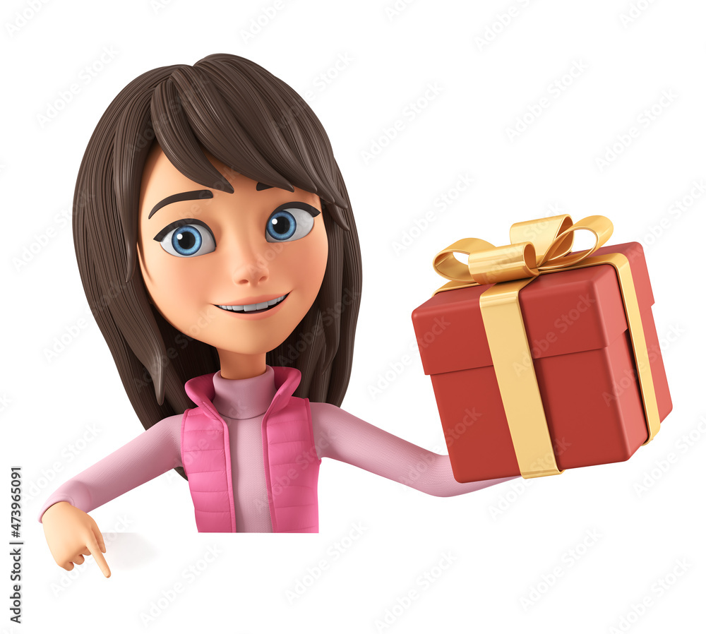 Cartoon character of a beautiful girl in a pink jacket holding a gift and pointing to a blank board. 3d render illustration. Cartoon character of a beautiful girl in a pink jacket holding a gift and pointing to a blank board. 3d render illustration.