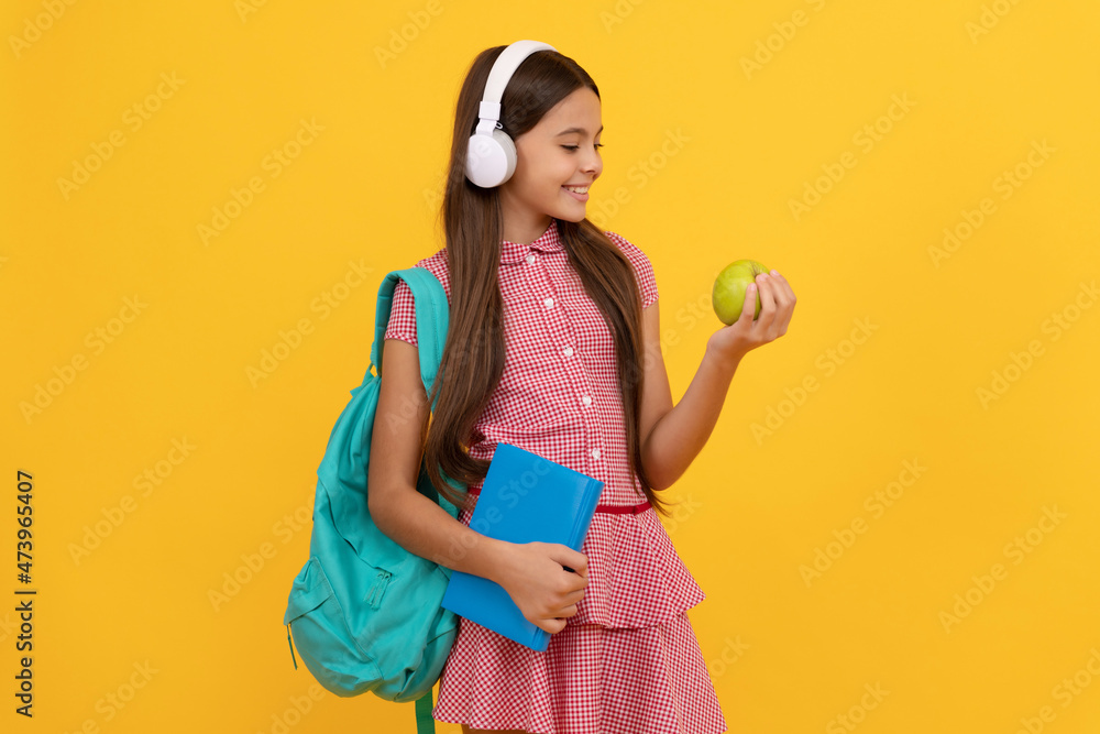 september 1. healthy childhood. child with school bag. music. cheerful teen girl carry backpack. - obrazy, fototapety, plakaty 