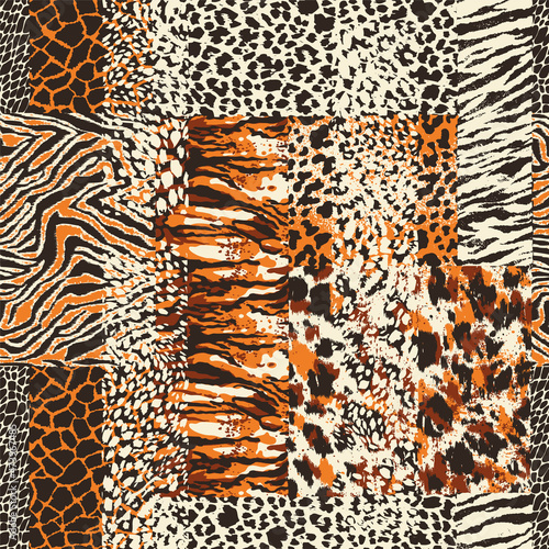 Wild animal skins patchwork wallpaper abstract vector seamless pattern
