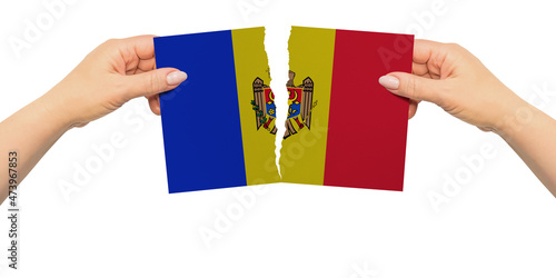 World countries. Woman hands are are holding two parts of flag. Moldova