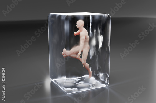 Three dimensional render of naked man cryogenically frozen in block of ice