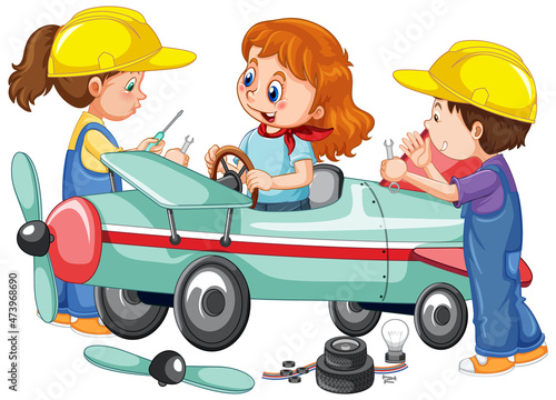 Children repairing a plane together