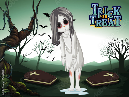Little ghost girl with black eyes on dark forest background