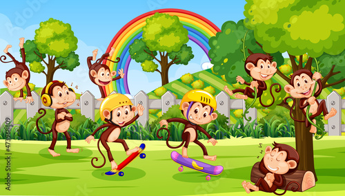 Outdoor park with little monkeys doing different activities