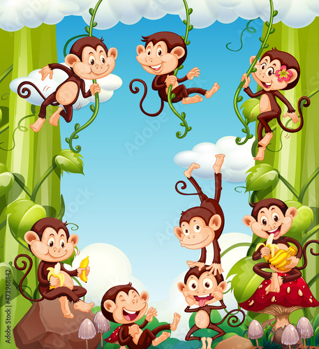 Happy monkeys on nature background