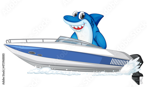Shark on speed boat cartoon character on white background