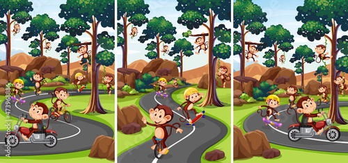 Park scene with cute monkeys doing different activities