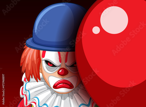 Creepy clown face peeking out from behind balloon