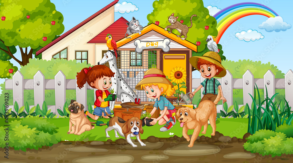 Naklejka premium Children playing with their animals at the park