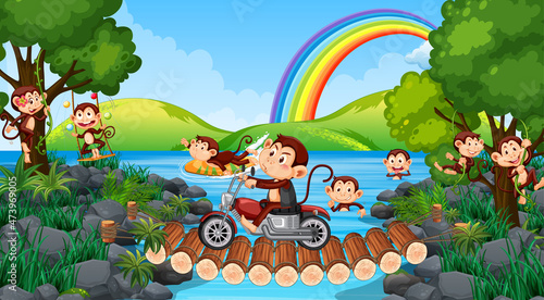 Bridge in the forest scene with many monkeys