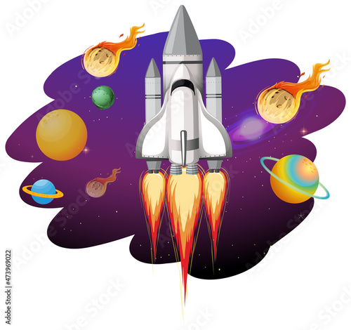 Rocket ship with many planets and asteroids