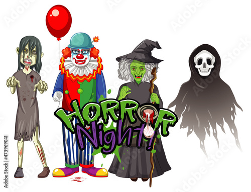 Horror Night text design with Halloween ghost characters