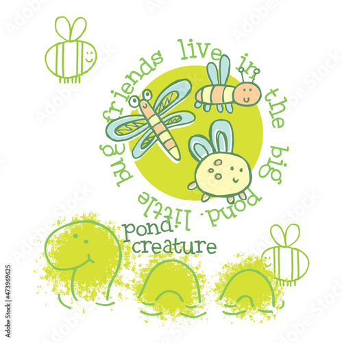 little bug friends living in the big pond hand drawn cartoon vector illustration for kids t shirts, frocks, book covers, stickers and pajamas.