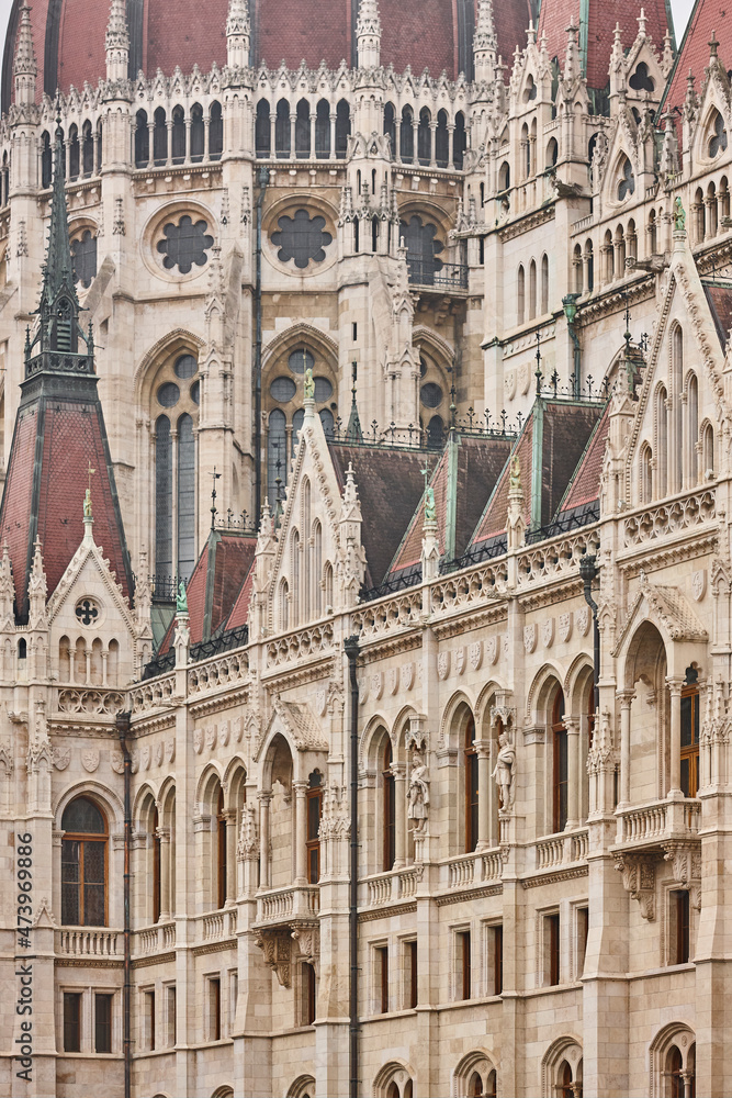 Hungarian parliament facade. Neogothical style. Budapest city center landmak