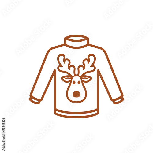 Logotipo con silueta de cabeza de reno Rudolph en suéter de invierno con líneas en color marrón