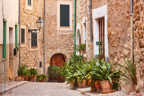 Traditional stone alley decorated with plants in Mallorca  Spain