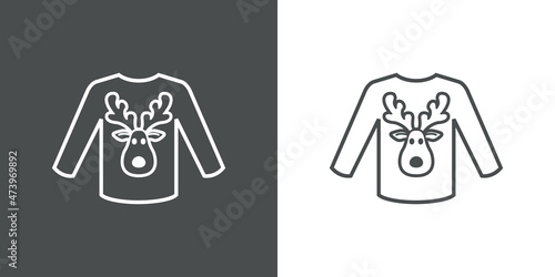 Logotipo con silueta de cabeza de reno Rudolph en suéter de invierno con líneas en fondo gris y fondo blanco
