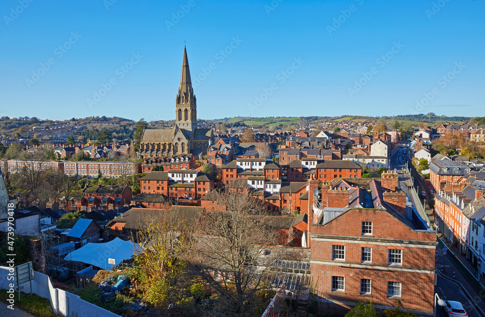 Aerial view of the skyline of Exeter with spire of St Michaels and all angels church, Devon UK