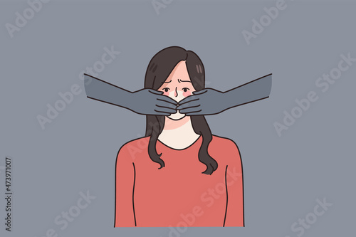 Hands cover scared woman mouth forbid ban to speak or share thoughts. Stressed girl suffer from gender discrimination or domestic violence or abuse. Freedom of speech. Flat vector illustration. 