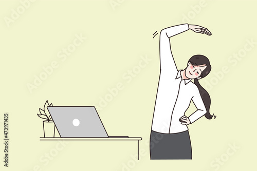Smiling young businesswoman do gymnastics near computer at workplace. Happy female employee or worker stretch exercise in office, tired of sedentary lifestyle. Flat vector illustration. 