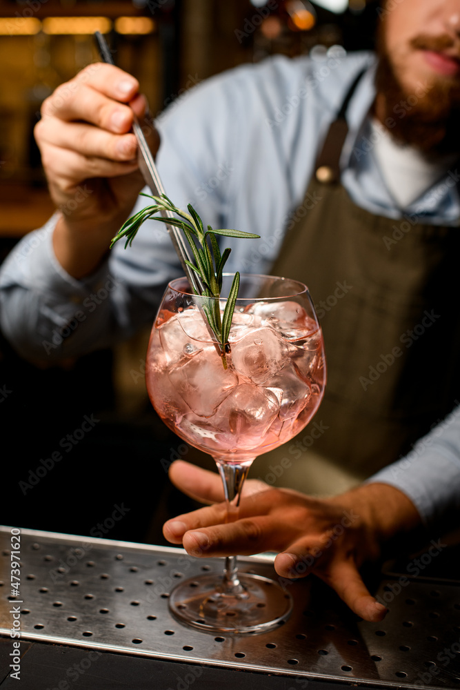 close-up of wine glass of cold drink which hand of bartender gently decorate by rosemary branch
