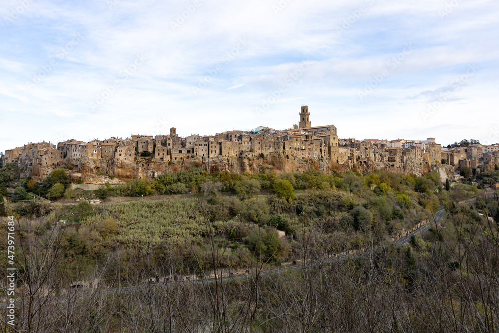 Pitigliano, Tuscany, Italy. Landscape of the picturesque medieval town founded in Etruscan time on the tuff hill
