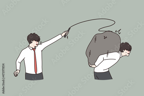 Boss or director tyrant hit male colleague with whip control work coordinates. Authoritarian aggressive businessman scold man employee carry stone. Power and superiority. Flat vector illustration. 