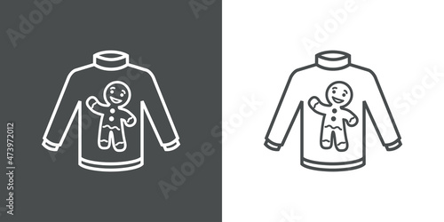 Logotipo con silueta de hombre de pan de jengibre en suéter de invierno con líneas en fondo gris y fondo blanco