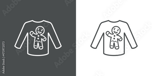 Logotipo con silueta de hombre de pan de jengibre en suéter de invierno con líneas en fondo gris y fondo blanco