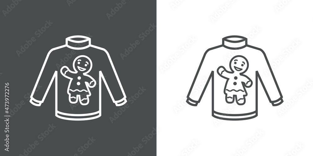 Logotipo con silueta de mujer de pan de jengibre en suéter de invierno con líneas en fondo gris y fondo blanco Logotipo con silueta de mujer de pan de jengibre en suéter de invierno con líneas en fondo gris y fondo blanco
