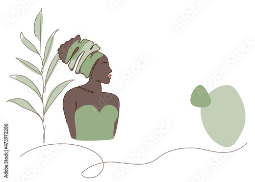 African, American woman, black skin body silhouette in afro or wrap hat with simple shapes and green palm leaf. Vector illustration in flat design