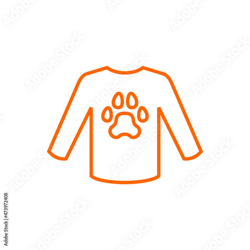 Pet friendly. Logotipo con silueta de zarpa de gato o perro en suéter de invierno con líneas en color naranja