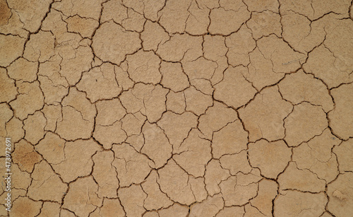 Ground cracked due to drought. Dry season causes the soil to dry and crack