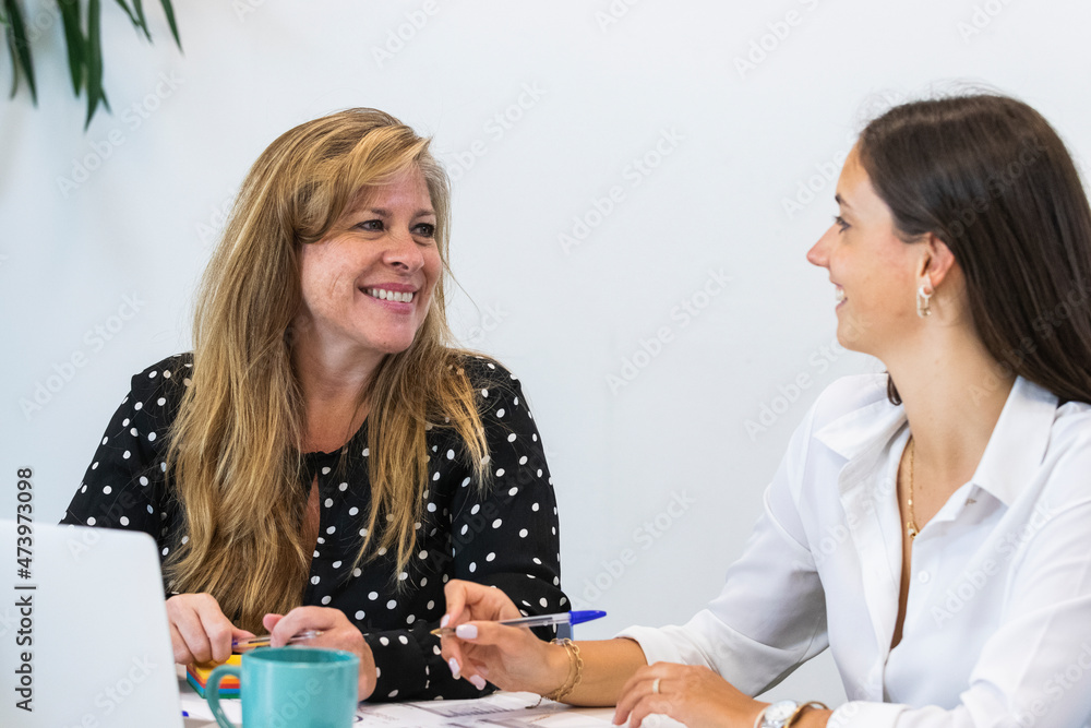 Smiling businesswomen discussing at office Smiling businesswomen discussing at office