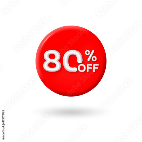 3d Sale label or icon with 80 percent price off. Circle discount badge or price tag for promo design. Vector illustration.