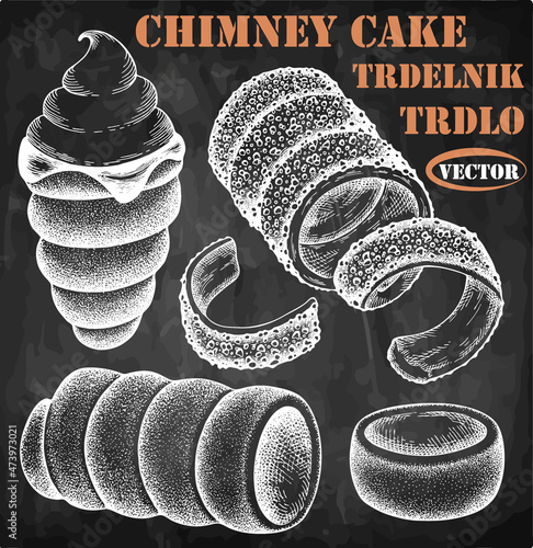 Chalk drawing of Czech sweet baked food on blackboard. Sketch hand drawn chimney cake, trdelnik, kürtőskalács, kurtosh, baumstriezel isolated on chalkboard. European dessert. Vector illustration.