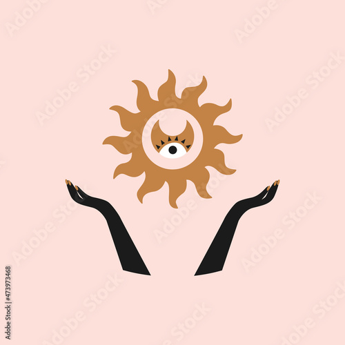 Modern aesthetic minimal illustration with open hands, sun, moon and eye on pastel background. Hand drawn bohemian vector illustration with mystical symbols